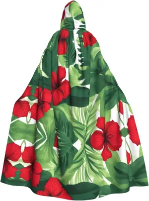Vegetation Leaves with Hibiscus Flowers Prints Hooded Cloak for Halloween, Role-Playing, and Costume Parties
