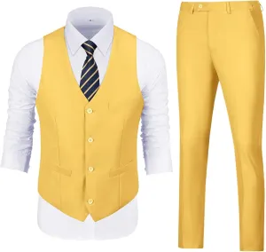 Vest Pants Set for Men 2 Piece Suit Men's Slim Fit Wedding Groomsmen Suit V Neck Casual Suit Waistcoat for Men