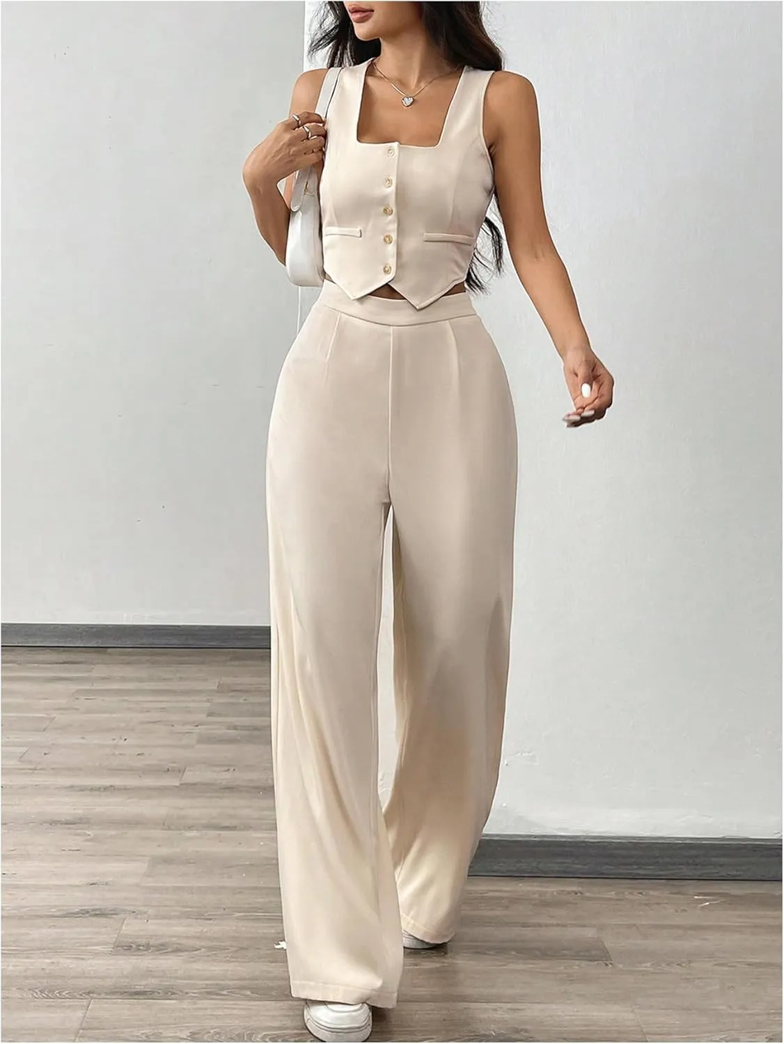 WDIRARA Women's 2 Piece Outfits Button Down Sleeveless Clothing Sets Crop Blazer Vest and Wide Leg Pants Set