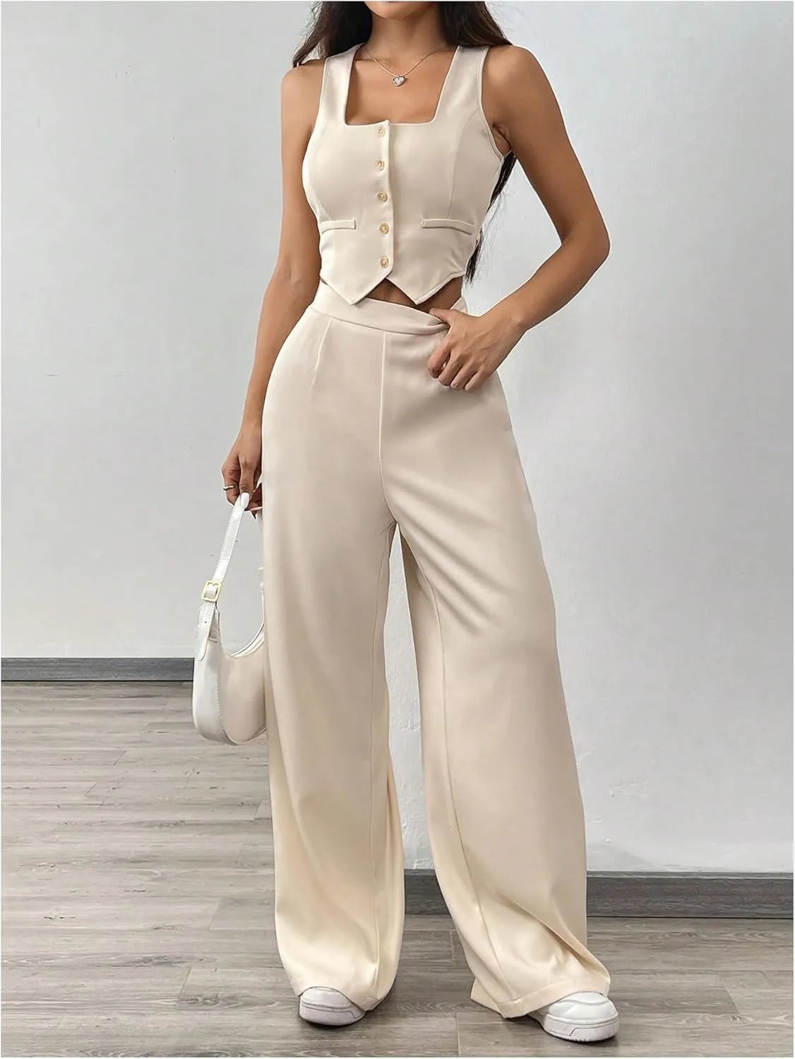 WDIRARA Women's 2 Piece Outfits Button Down Sleeveless Clothing Sets Crop Blazer Vest and Wide Leg Pants Set