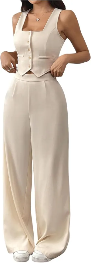 WDIRARA Women's 2 Piece Outfits Button Down Sleeveless Clothing Sets Crop Blazer Vest and Wide Leg Pants Set