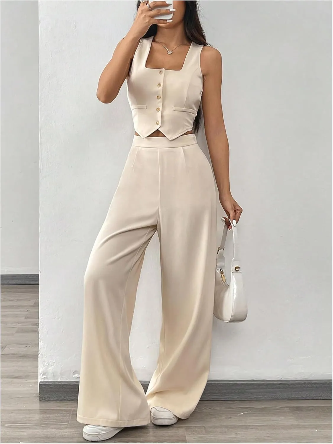 WDIRARA Women's 2 Piece Outfits Button Down Sleeveless Clothing Sets Crop Blazer Vest and Wide Leg Pants Set