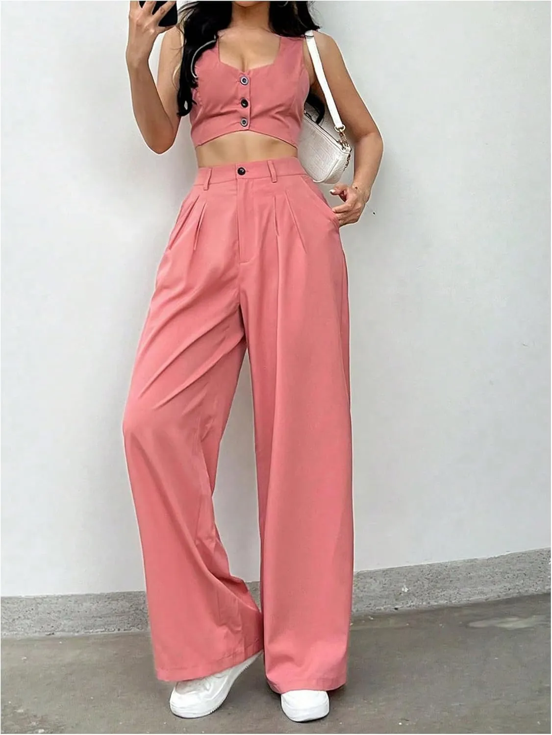 WDIRARA Women's 2 Piece Outfits Button Down Sleeveless Crop Blazer Vest Pleated High Waist Wide Leg Pants Set