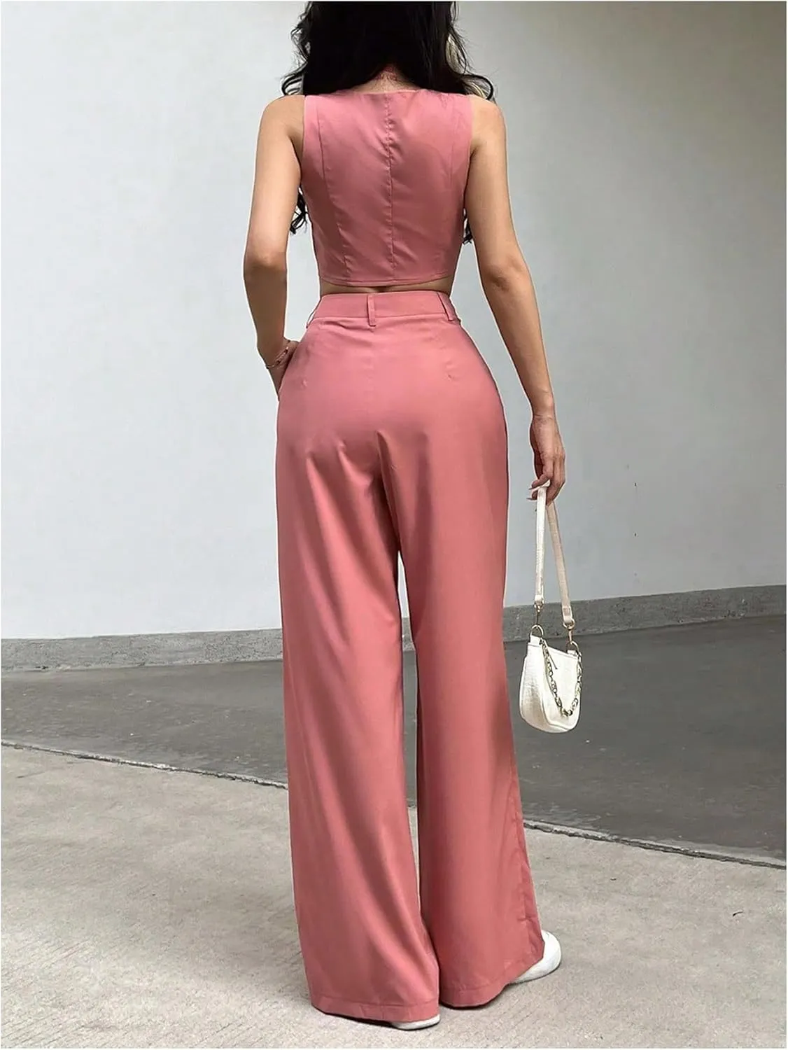 WDIRARA Women's 2 Piece Outfits Button Down Sleeveless Crop Blazer Vest Pleated High Waist Wide Leg Pants Set