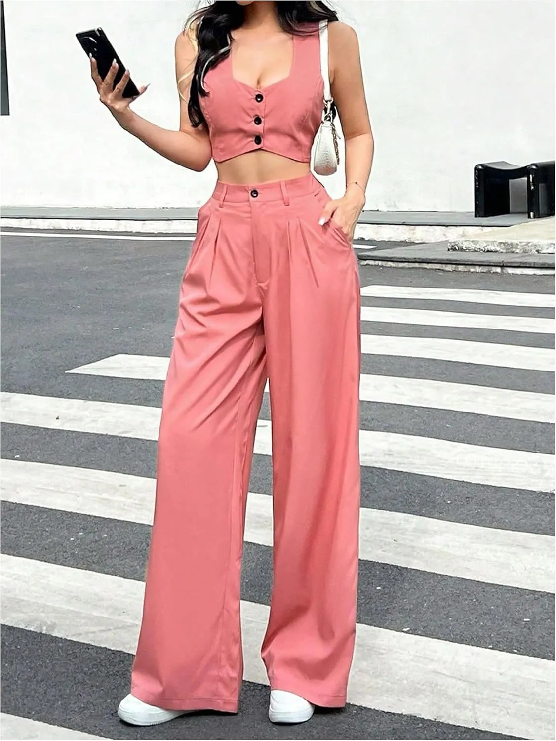 WDIRARA Women's 2 Piece Outfits Button Down Sleeveless Crop Blazer Vest Pleated High Waist Wide Leg Pants Set