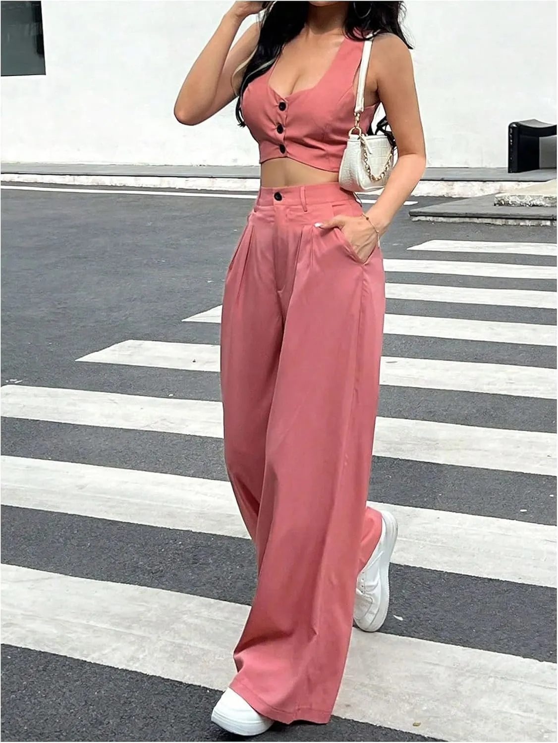 WDIRARA Women's 2 Piece Outfits Button Down Sleeveless Crop Blazer Vest Pleated High Waist Wide Leg Pants Set