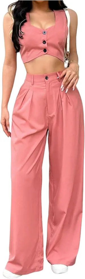 WDIRARA Women's 2 Piece Outfits Button Down Sleeveless Crop Blazer Vest Pleated High Waist Wide Leg Pants Set