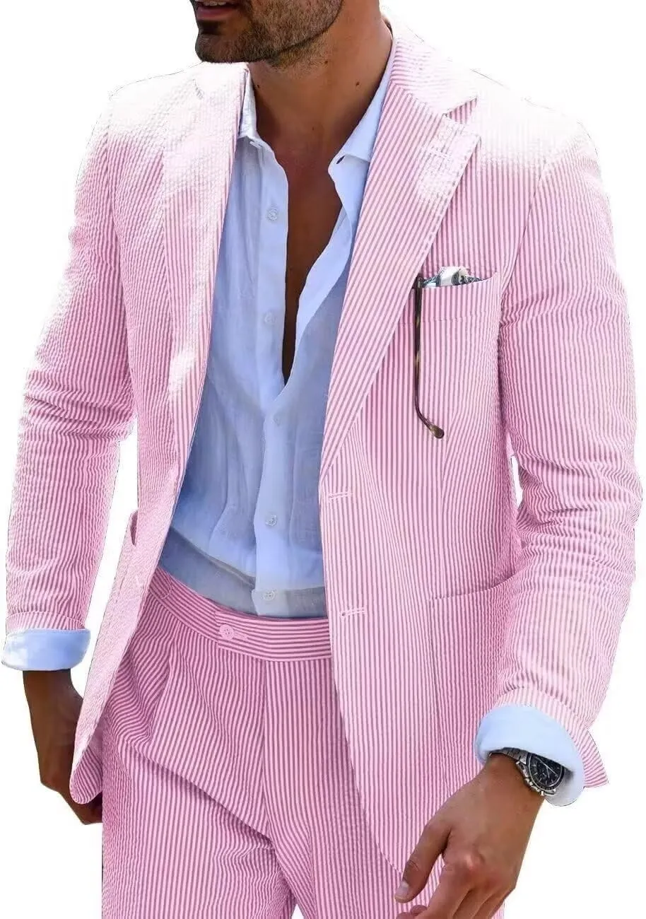 Wehilion Men 2 Pieces Seersucker Suit Casual 2 Button Slim Fit Striped Suits for Men Summer Wedding Prom Suit Jacket Pants