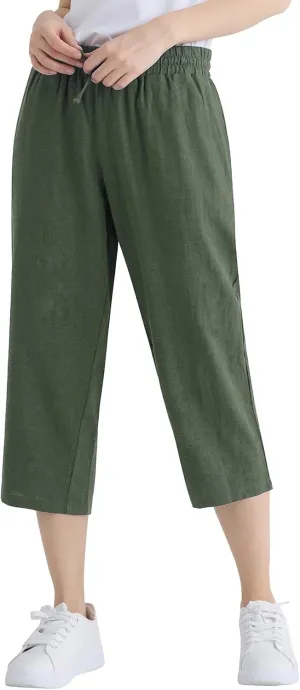 Weintee Women's Linen Crop Pants Capris with Pockets