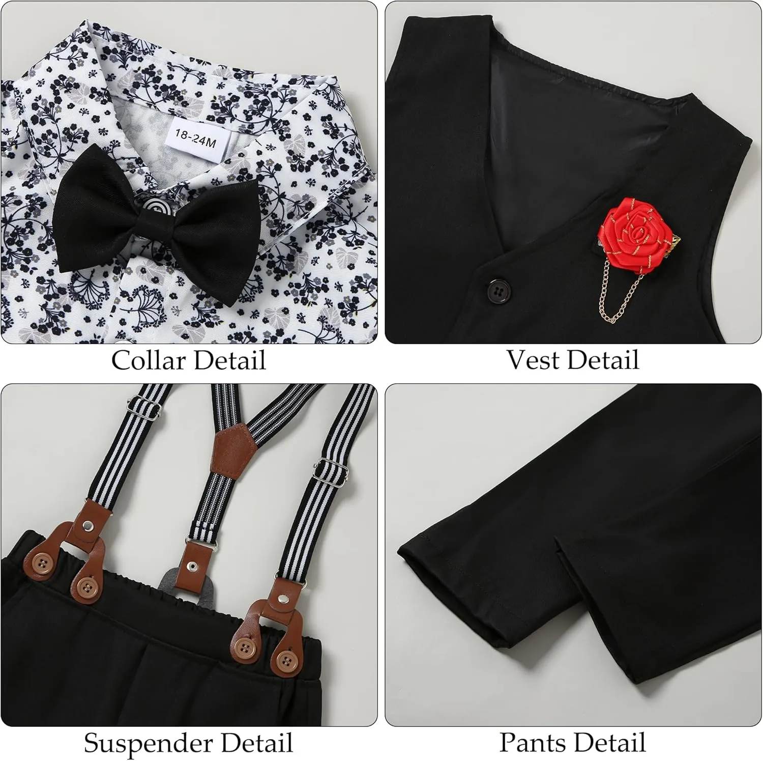 WESIDOM Toddler Boy Clothes Suit Formal Dress Shirt Bowtie Vest Boutonniere Suspender Pants Boys Gentleman Outfits Set