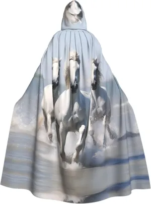 White Horses Prints Hooded Cloak for Halloween, Role-Playing, and Costume Parties