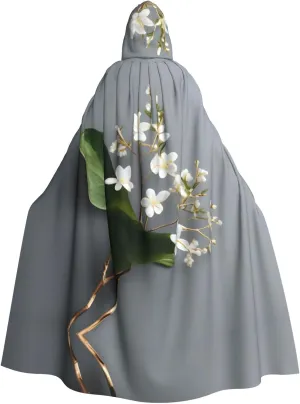 White Natural Greenery Twig Prints Hooded Cloak for Halloween, Role-Playing, and Costume Parties