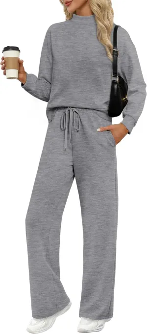 WIHOLL Two Piece Sets for Women Fall Outfits Lounge Sets Mock Neck Tops Wide Leg Pants Vacation Travel Airport Outfits