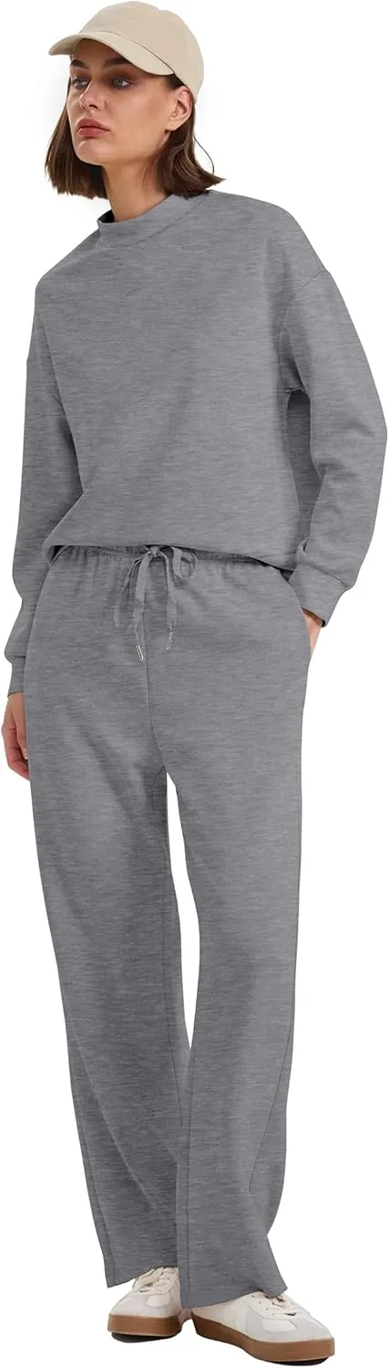 WIHOLL Two Piece Sets for Women Fall Outfits Lounge Sets Mock Neck Tops Wide Leg Pants Vacation Travel Airport Outfits