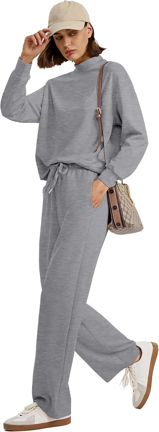 WIHOLL Two Piece Sets for Women Fall Outfits Lounge Sets Mock Neck Tops Wide Leg Pants Vacation Travel Airport Outfits