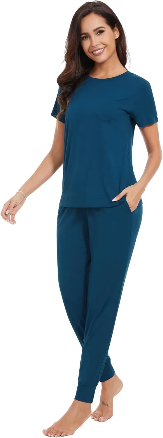 WiWi Pajamas Set for Women Soft Pajama Sets Viscose from Bamboo Short Sleeve Tops with Jogger Pants Pjs Sleepwear S-XXL