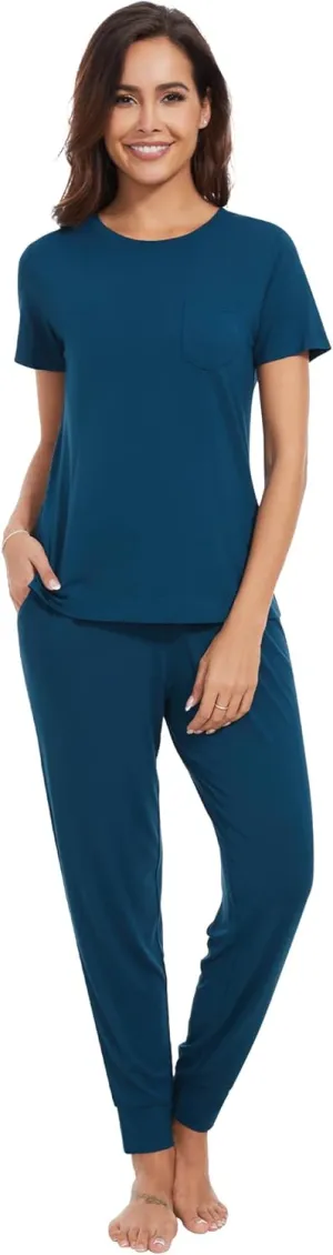 WiWi Pajamas Set for Women Soft Pajama Sets Viscose from Bamboo Short Sleeve Tops with Jogger Pants Pjs Sleepwear S-XXL