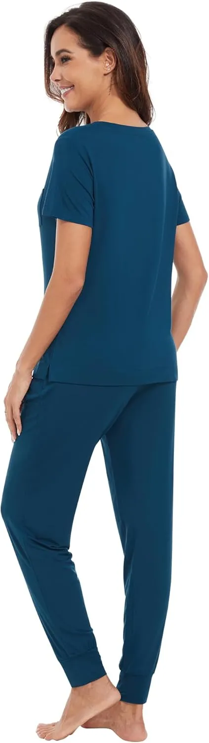 WiWi Pajamas Set for Women Soft Pajama Sets Viscose from Bamboo Short Sleeve Tops with Jogger Pants Pjs Sleepwear S-XXL