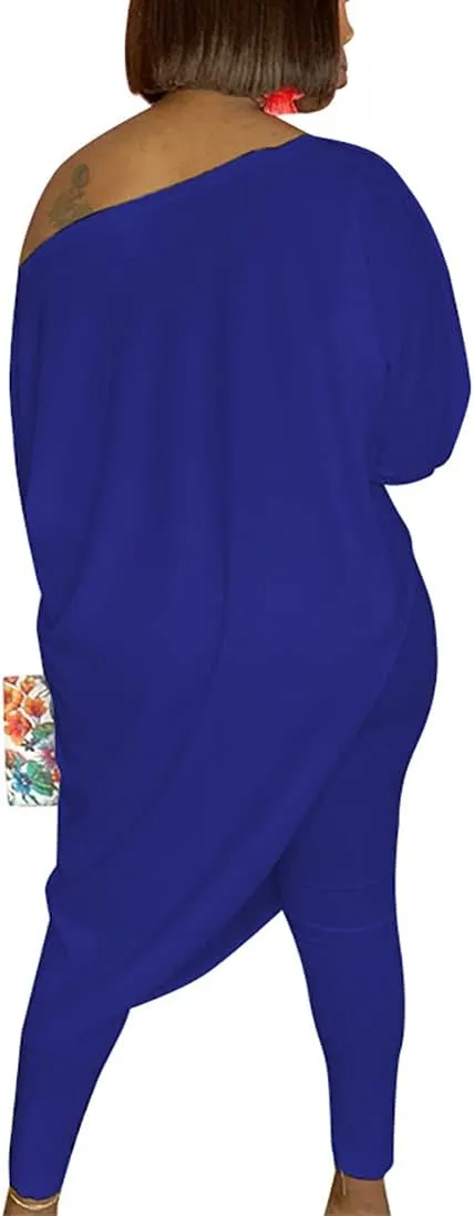 WOKANSE Women's Solid 3/4 Sleeve Tracksuits Set One Off Shoulder Asymmetric Top Skinny Long Pant 2 Piece Loungewear