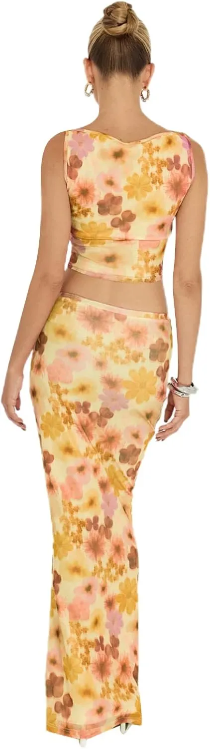 Women 2 Piece Long Skirt Set Floral Strapless Tube Top and Bodycon Maxi Skirts Summer Vintage Streetwear