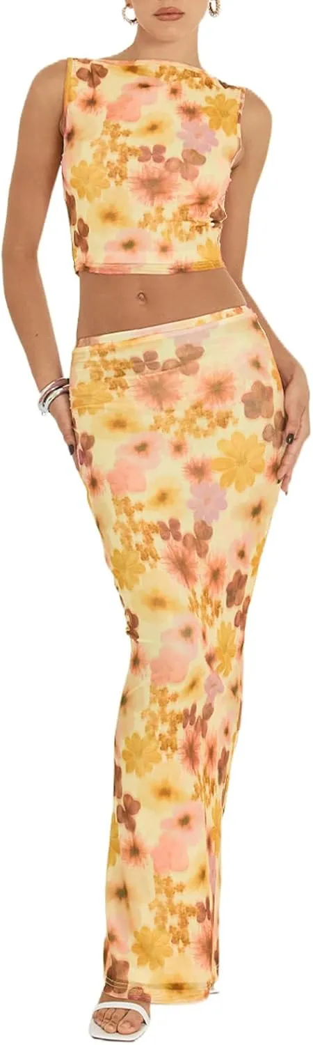 Women 2 Piece Long Skirt Set Floral Strapless Tube Top and Bodycon Maxi Skirts Summer Vintage Streetwear