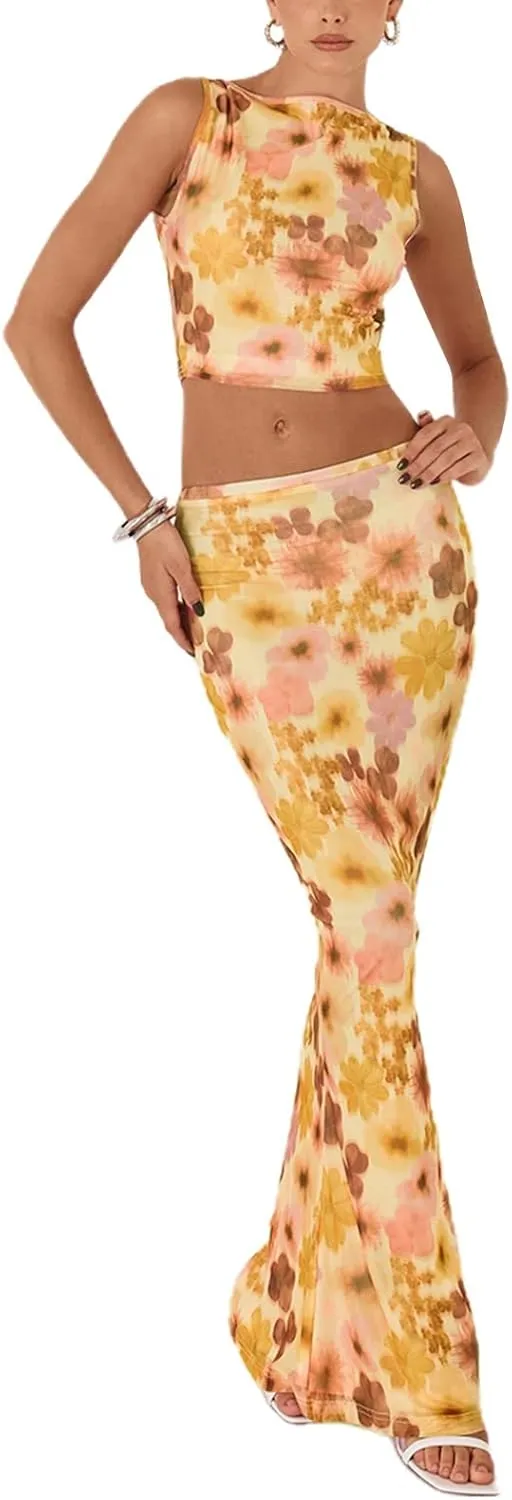 Women 2 Piece Long Skirt Set Floral Strapless Tube Top and Bodycon Maxi Skirts Summer Vintage Streetwear