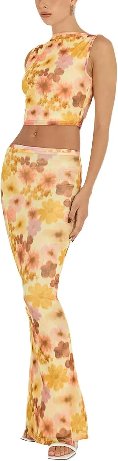 Women 2 Piece Long Skirt Set Floral Strapless Tube Top and Bodycon Maxi Skirts Summer Vintage Streetwear