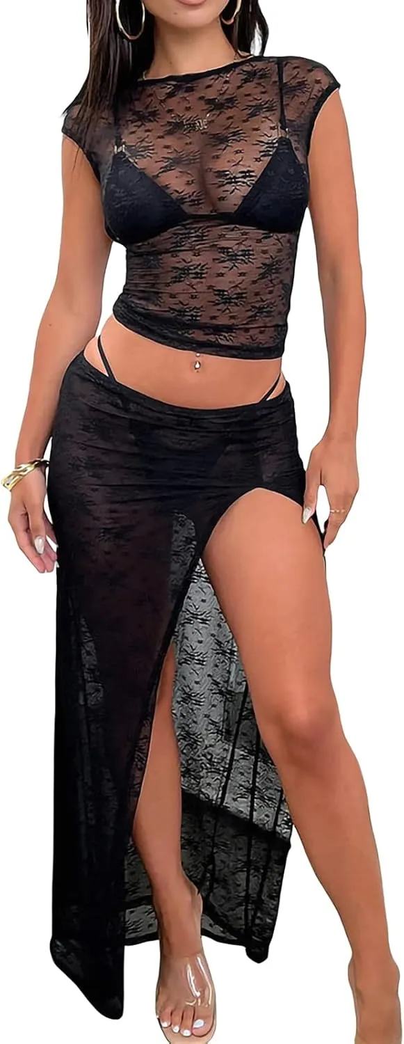 Women 2 Piece Maxi Skirt Set Strapless Lace Tank Tops Tie Up High Waist Bodycon Long Skirt Y2K 2Pcs Outfits Suits