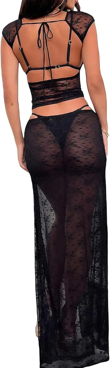 Women 2 Piece Maxi Skirt Set Strapless Lace Tank Tops Tie Up High Waist Bodycon Long Skirt Y2K 2Pcs Outfits Suits