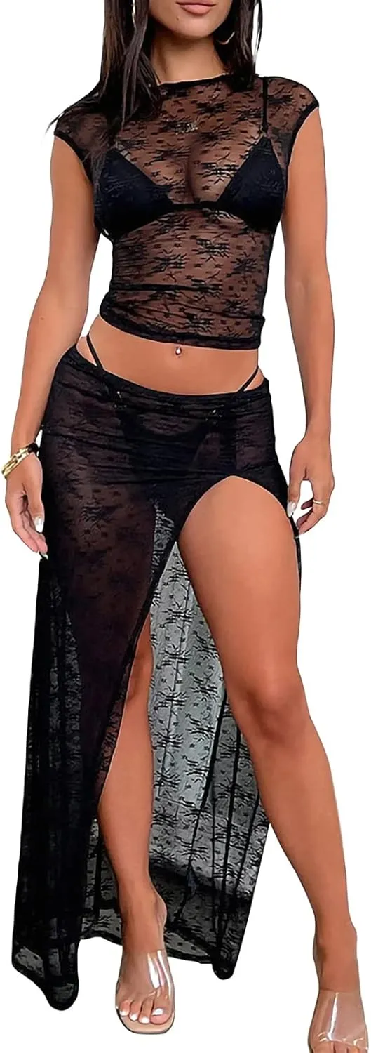 Women 2 Piece Maxi Skirt Set Strapless Lace Tank Tops Tie Up High Waist Bodycon Long Skirt Y2K 2Pcs Outfits Suits