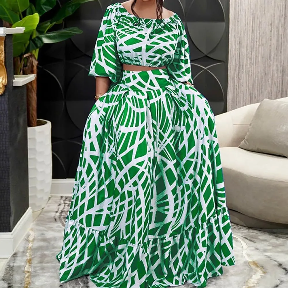 Women 2 Piece Skirt Set Sexy Off The Shoulder Puff Sleeve Crop Tops Flowy Floral A Line Maxi Skirt Sets