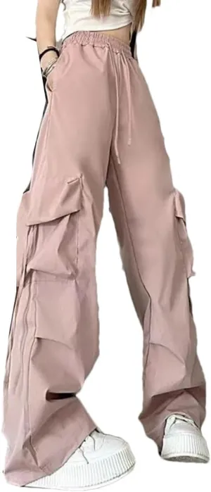 Women Fashion High Waist Big Pockets Trousers Solid Drawstring Loose Sweatpants