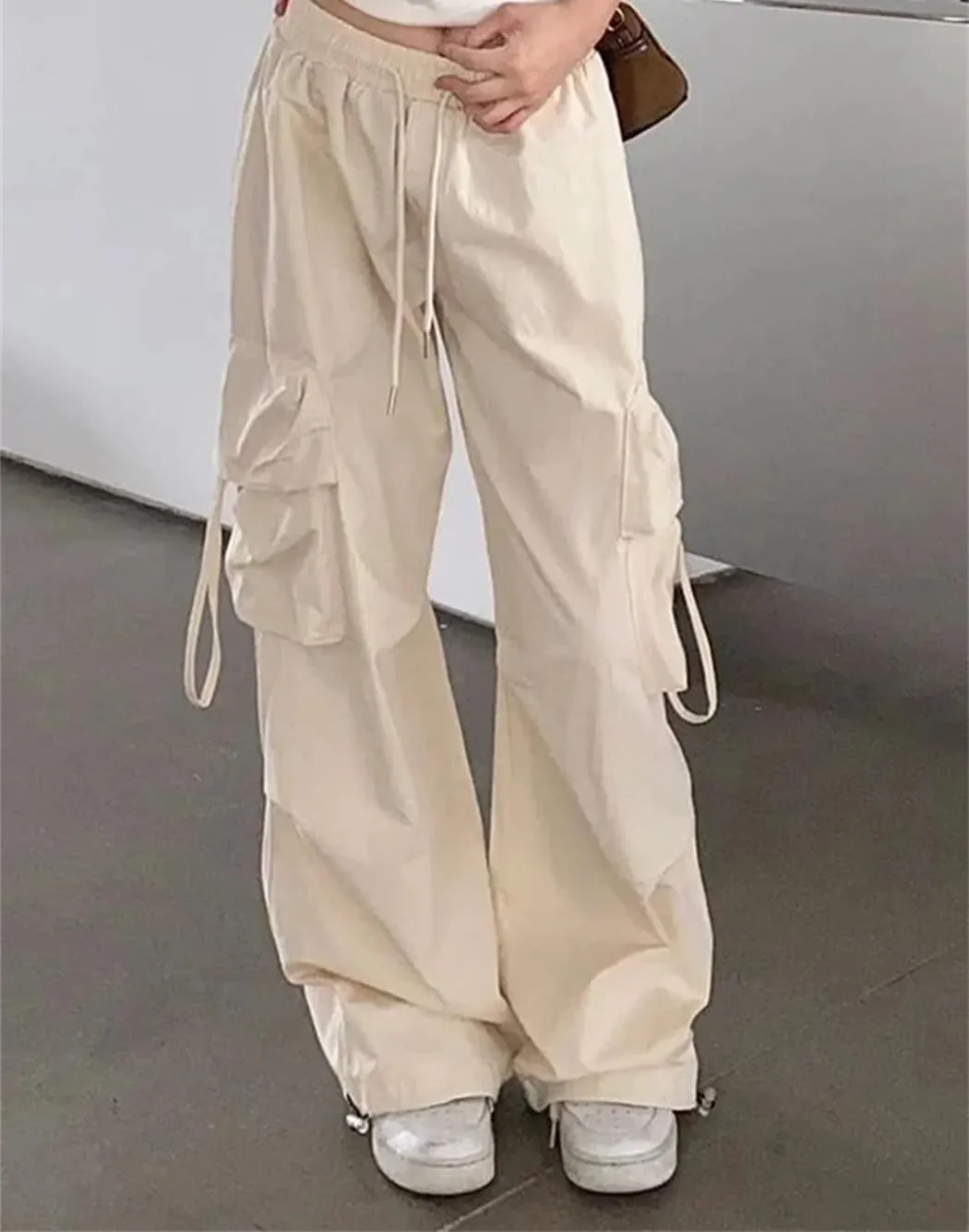 Women Fashion High Waist Big Pockets Trousers Solid Drawstring Loose Sweatpants