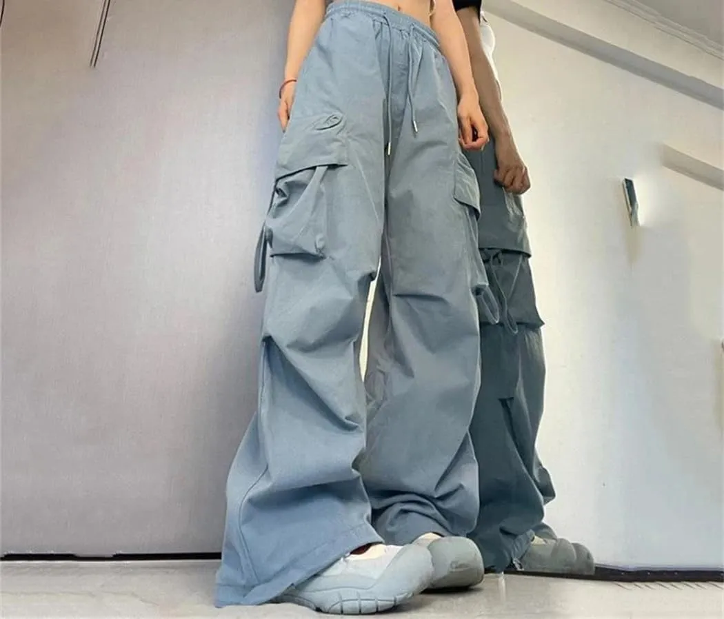 Women Fashion High Waist Big Pockets Trousers Solid Drawstring Loose Sweatpants
