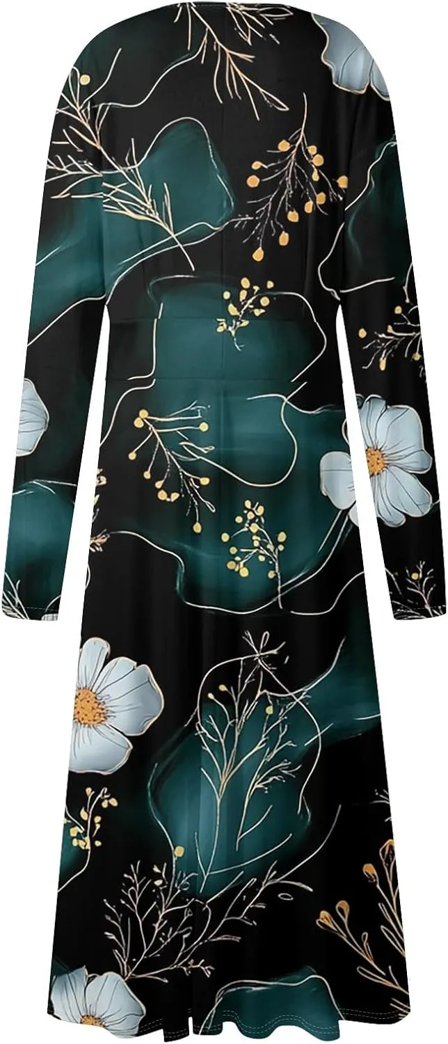 Women Long Sleeve Dresses Spring Boho Dress Puff Sleeve Floral Print Wrap Dress V Neck High Waist Summer Party Dress