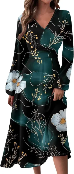 Women Long Sleeve Dresses Spring Boho Dress Puff Sleeve Floral Print Wrap Dress V Neck High Waist Summer Party Dress