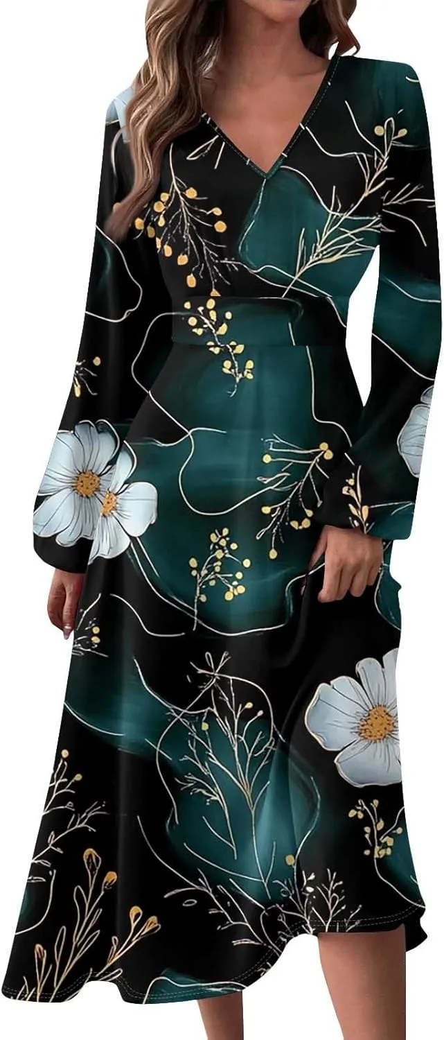 Women Long Sleeve Dresses Spring Boho Dress Puff Sleeve Floral Print Wrap Dress V Neck High Waist Summer Party Dress
