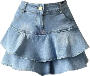 Women Ruffles Double Layer High Waisted Denim Skirt Irregular Curved Mini Skirt