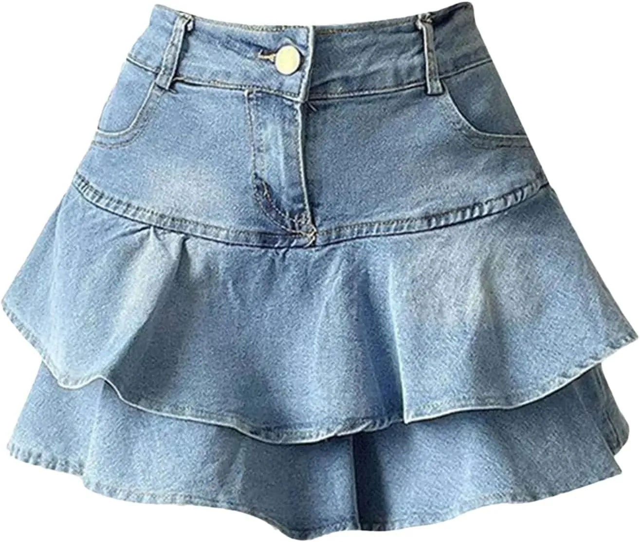 Women Ruffles Double Layer High Waisted Denim Skirt Irregular Curved Mini Skirt