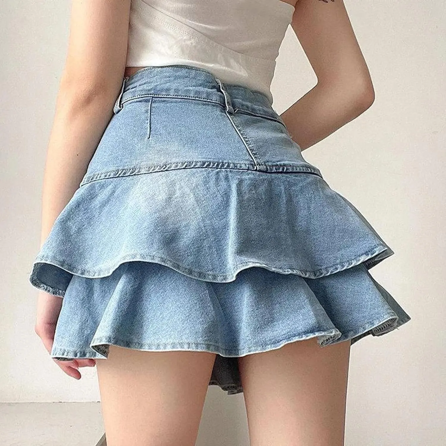Women Ruffles Double Layer High Waisted Denim Skirt Irregular Curved Mini Skirt
