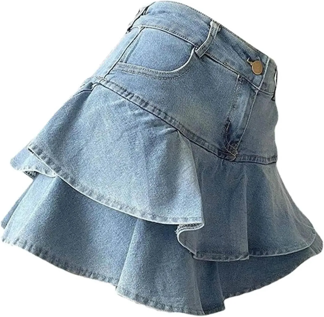 Women Ruffles Double Layer High Waisted Denim Skirt Irregular Curved Mini Skirt