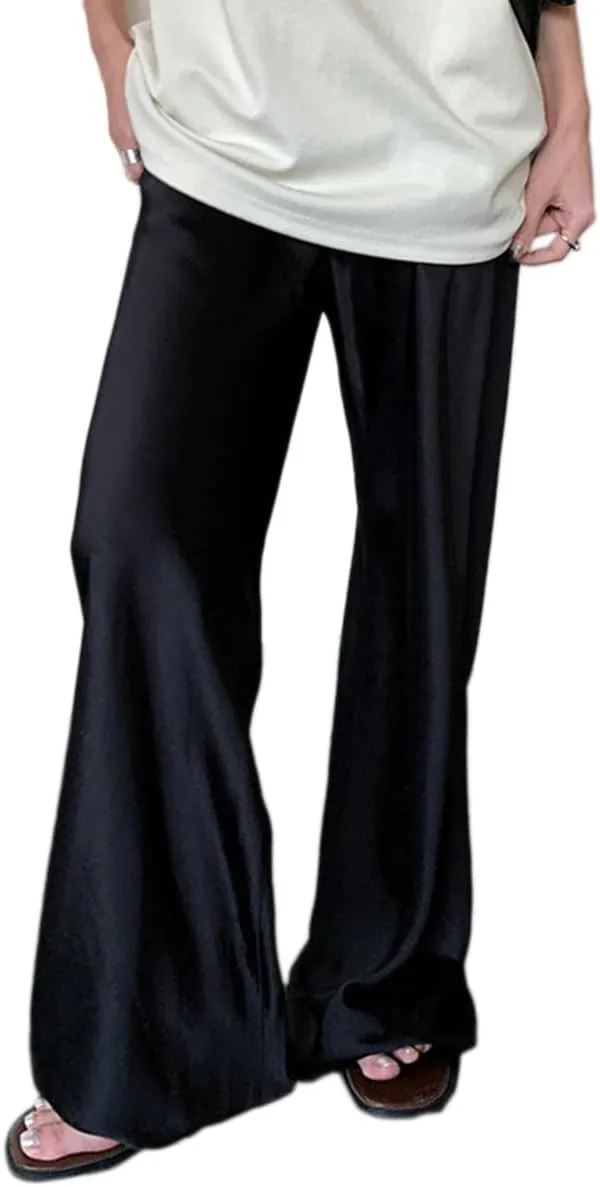 Women Satin Wide Leg Dress Pants Silk Casual Dressy Long Flowy Pants Elastic High Waisted Trousers