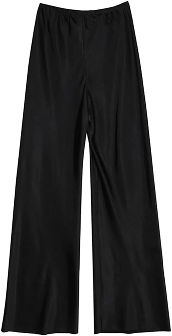 Women Satin Wide Leg Dress Pants Silk Casual Dressy Long Flowy Pants Elastic High Waisted Trousers