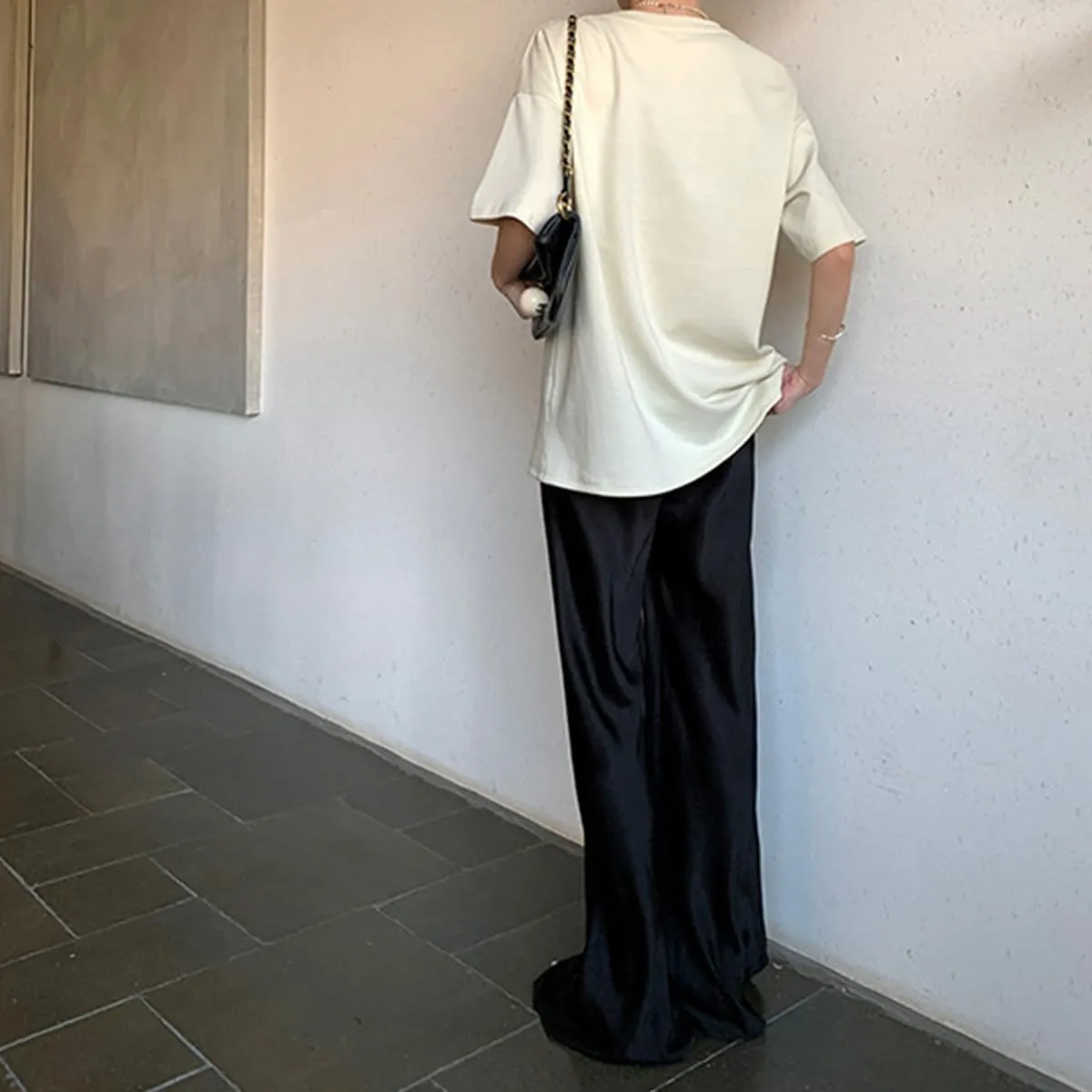 Women Satin Wide Leg Dress Pants Silk Casual Dressy Long Flowy Pants Elastic High Waisted Trousers