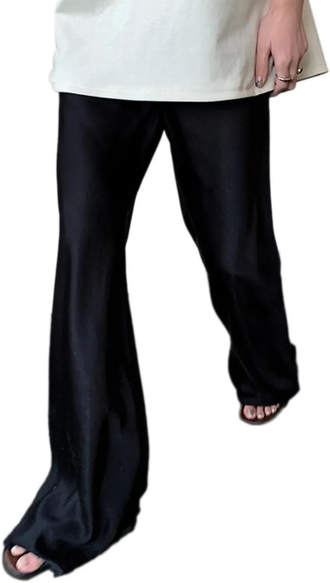 Women Satin Wide Leg Dress Pants Silk Casual Dressy Long Flowy Pants Elastic High Waisted Trousers