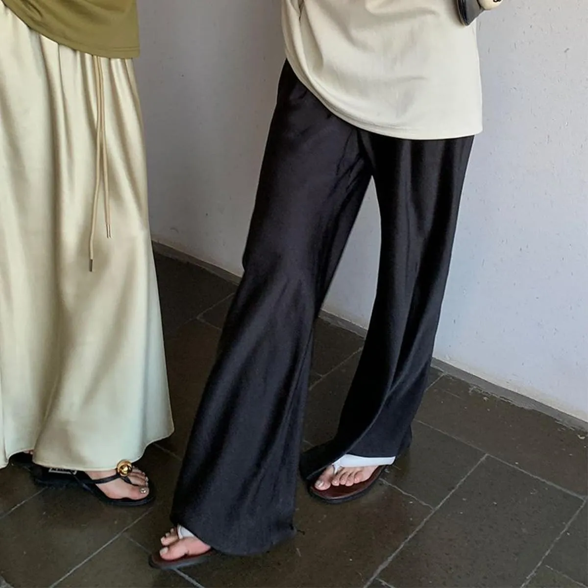 Women Satin Wide Leg Dress Pants Silk Casual Dressy Long Flowy Pants Elastic High Waisted Trousers