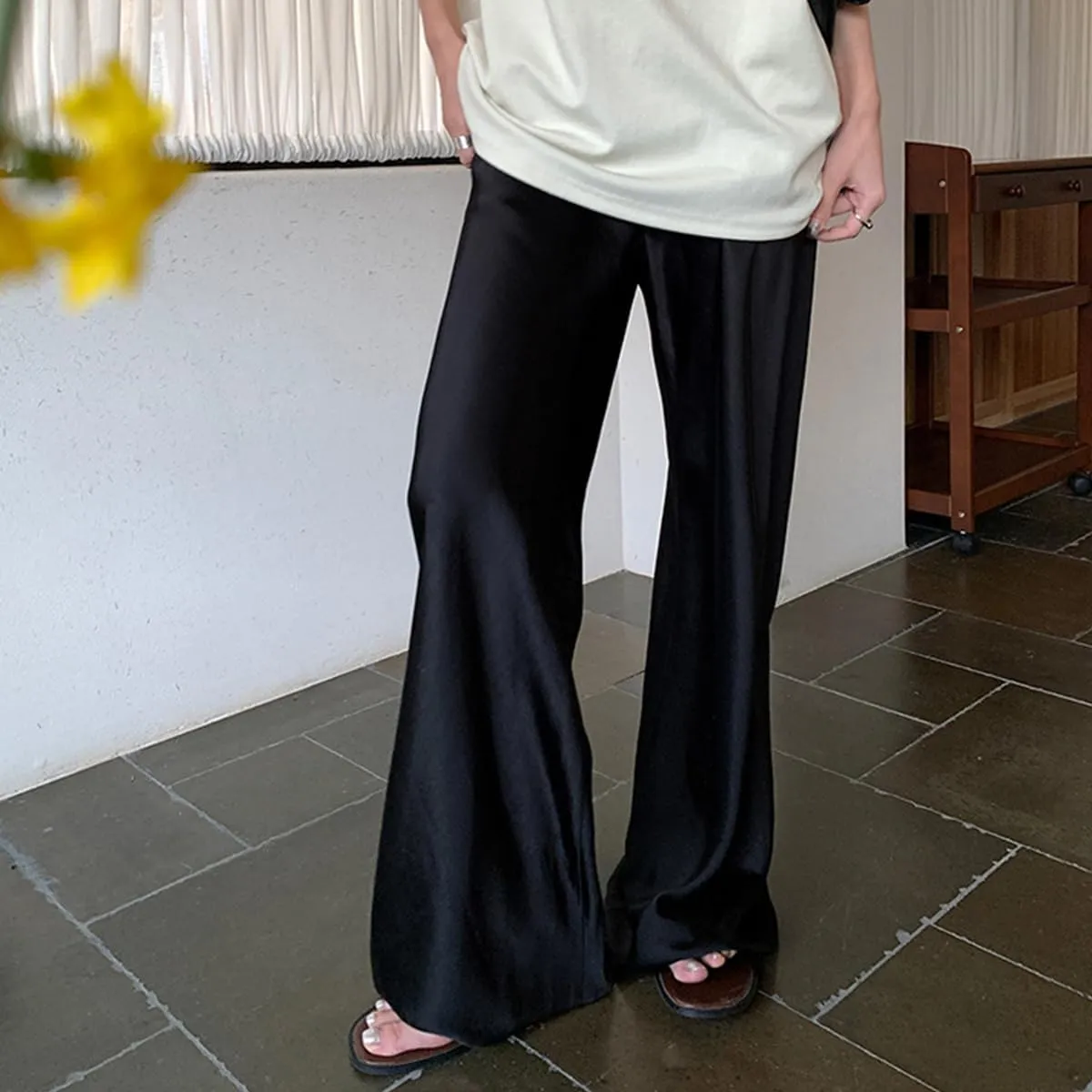 Women Satin Wide Leg Dress Pants Silk Casual Dressy Long Flowy Pants Elastic High Waisted Trousers