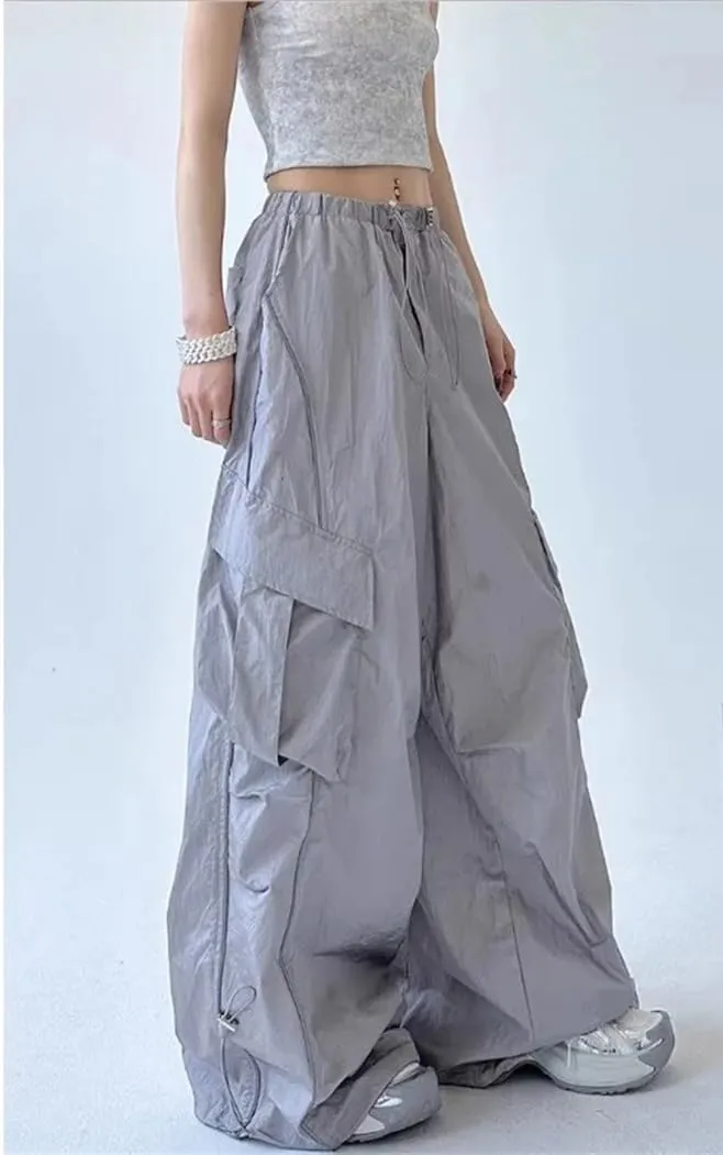 Women Spring Summer Loose Korean High Waist Elastic Waist Drawstring Cargo Wide Leg Trousers