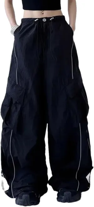 Women Spring Summer Loose Korean High Waist Elastic Waist Drawstring Cargo Wide Leg Trousers