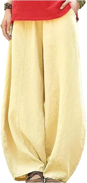 Women Summer 2025 Cotton Linen Bloomers Style Wide Leg Pants Vintage Solid Elasitic Waist Trouser